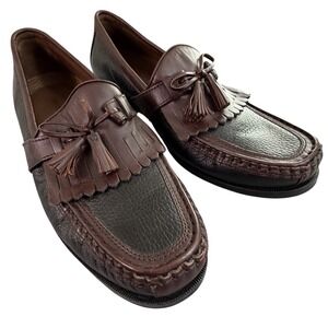 Johnston & Murphy Mens Two Tone Brown Leather Kiltie Tassel Loafers Shoes